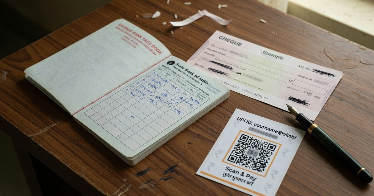 UPI QR beside a passbook and cheque Savings passbook, cheque leaf, fountain pen, and a Scan and Pay UPI QR card on a teak desk