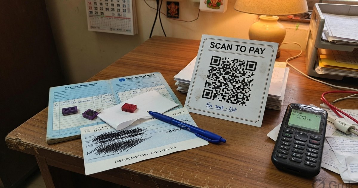 Savings passbook, cheque leaf, and a SCAN TO PAY UPI QR card on a wooden desk
