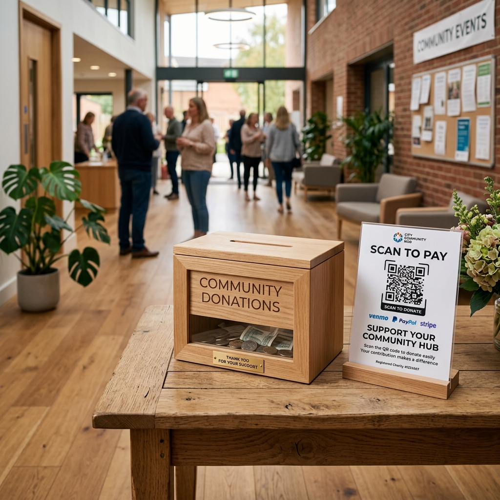 A donation box with a custom printed Scan to Pay card