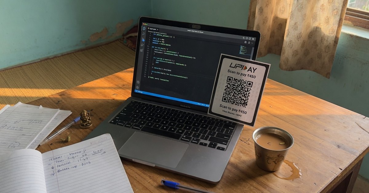 Developer desk with a UPI QR card Laptop with a code editor and a Scan to pay ₹450 UPI QR card on a wooden desk beside chai