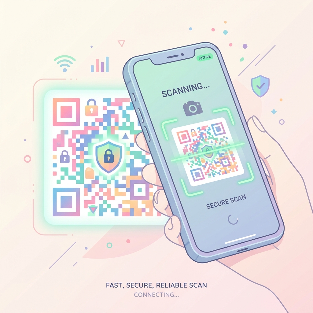 A secure mobile payment illustration scanning a QR code