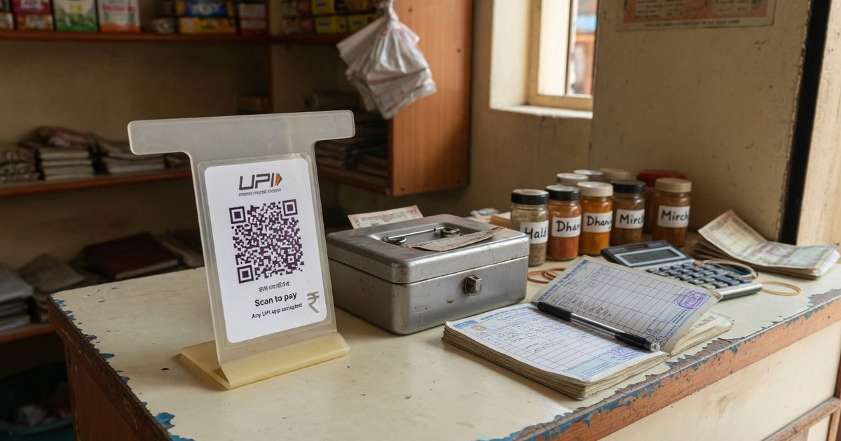 NPCI-compliant UPI QR on a shop counter Acrylic T-stand with a Scan to pay UPI QR on an Indian kirana billing counter beside a steel cash box