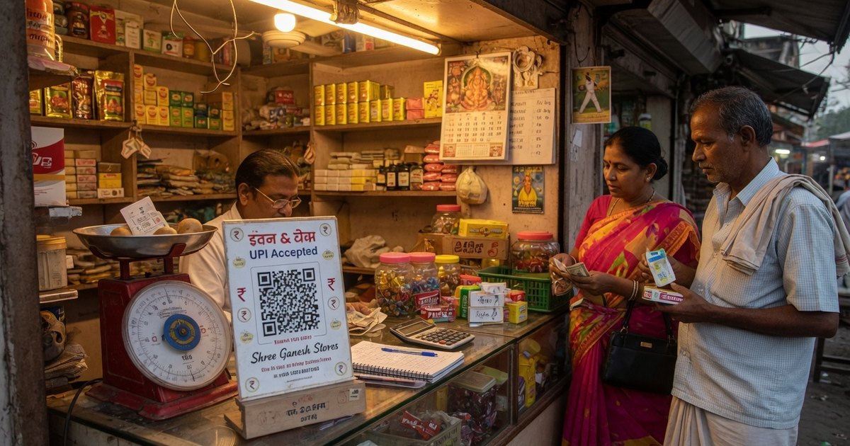 Neighbourhood shop with a UPI Accepted standee, weighing scale, and two customers at the glass counter