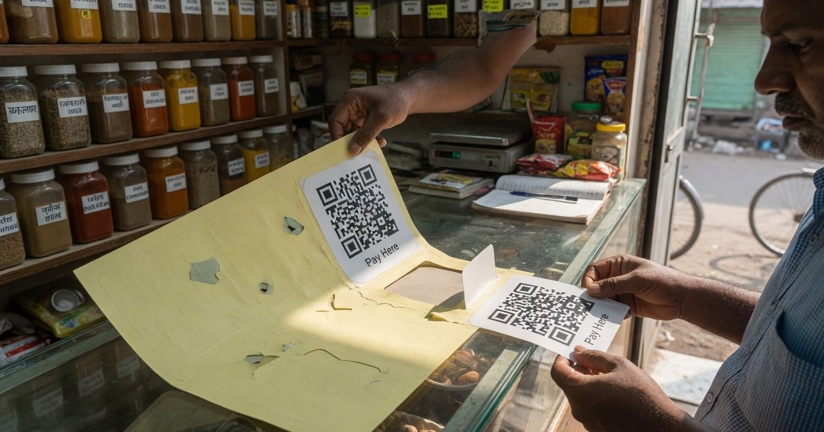 Shopkeeper peeling a Pay Here QR sticker from a yellow A4 sheet at a spice-jar kirana counter