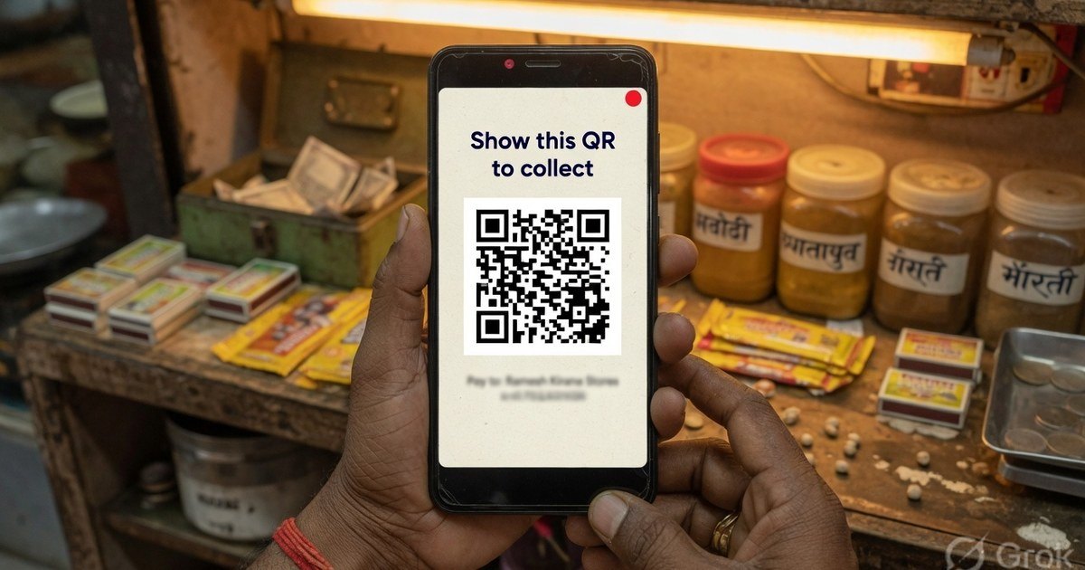 Shopkeeper holding a phone that displays a generic collect QR code at a kirana counter
