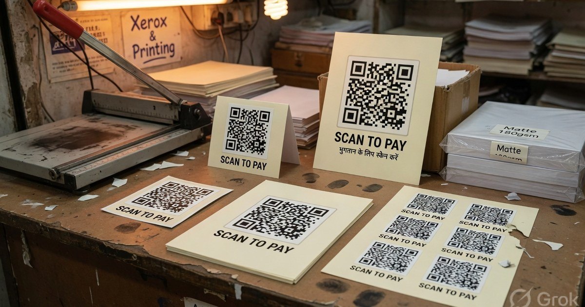 Print-shop counter with QR table tents, posters, and an A4 sticker sheet