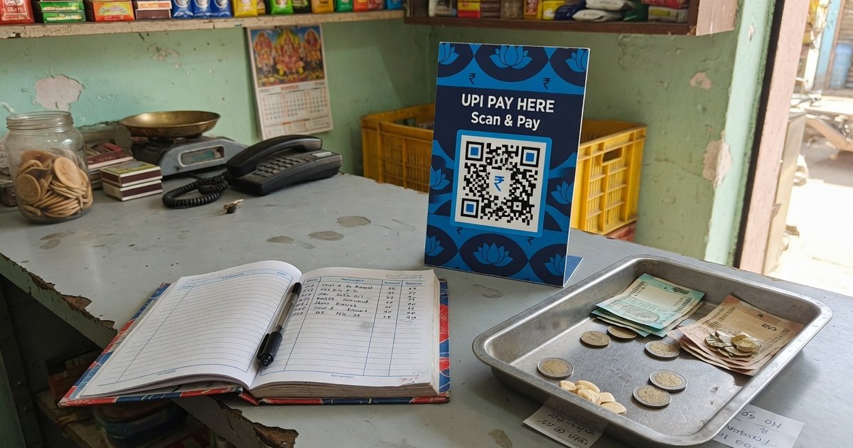 Blue UPI Pay Here standee on a worn shop counter with a cash tray of notes and coins