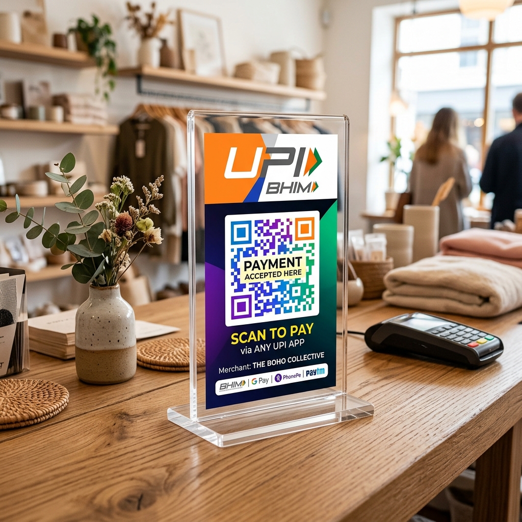 A custom Pro UPI QR code standee on a retail shop billing counter