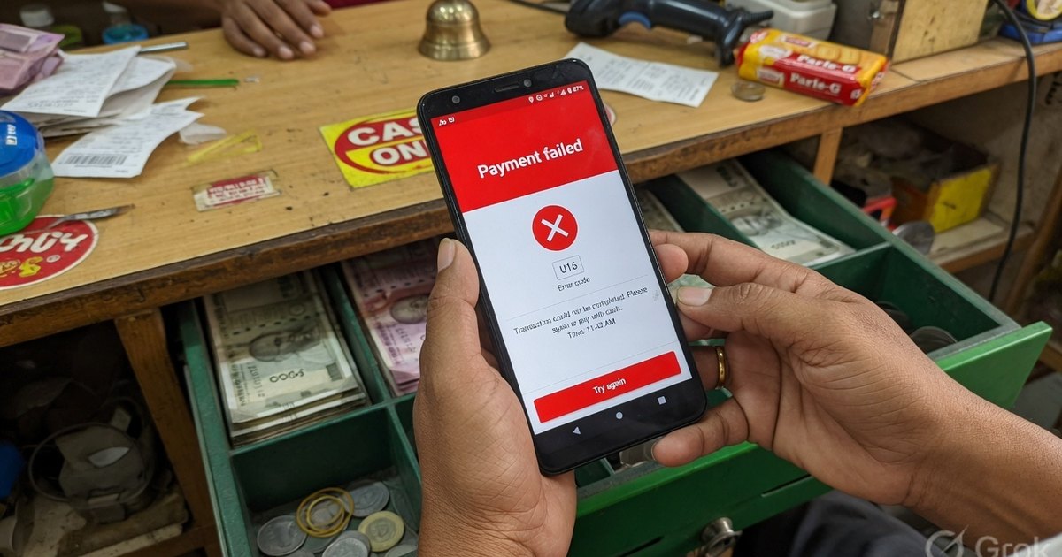 Hands holding a phone that shows Payment failed and reason code U16 over an open cash drawer