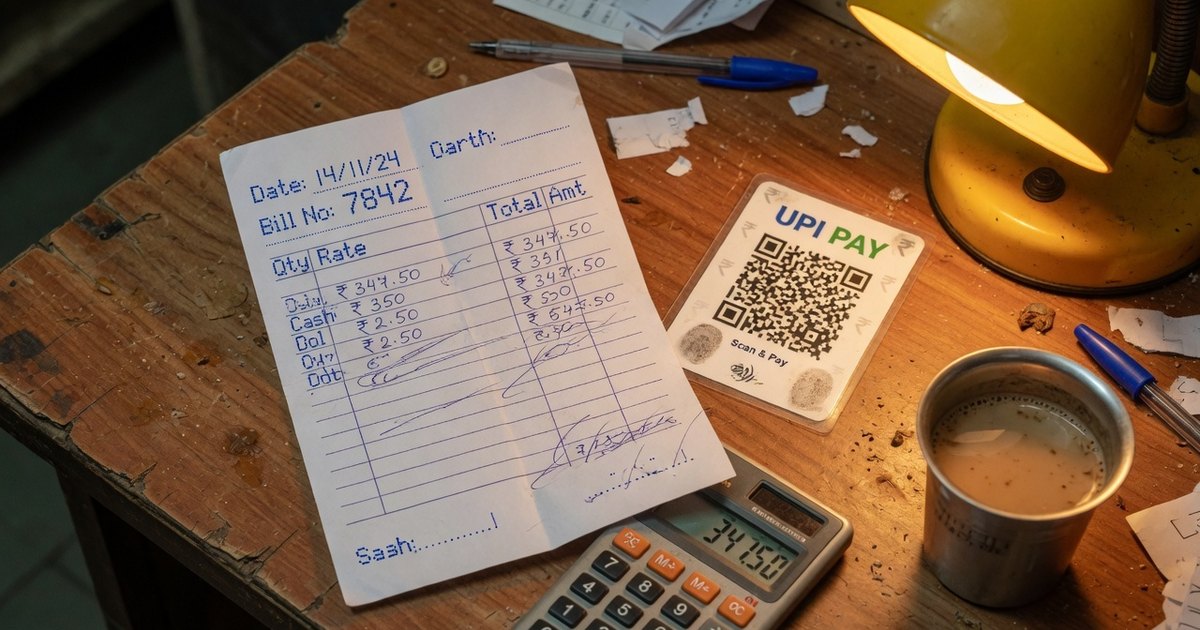UPI payment receipt on a shop desk Handwritten shop bill and a UPI Pay QR card on a wooden desk under a yellow lamp