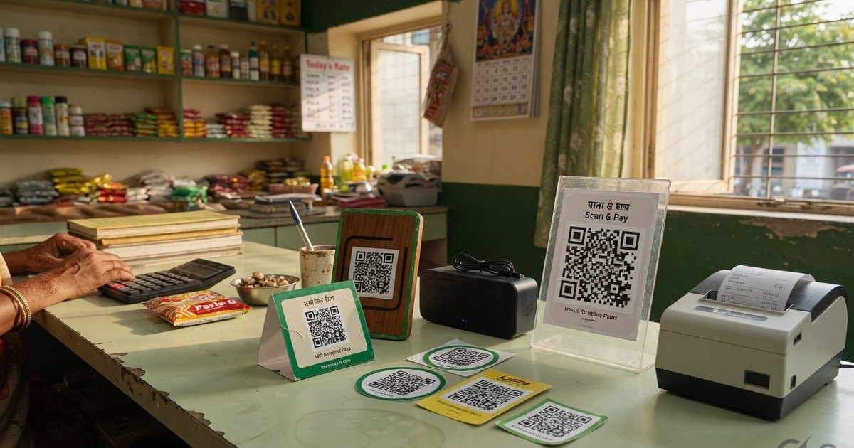 Kirana billing counter with acrylic standee, wooden QR holder, table tent, vinyl stickers, speaker, and thermal printer