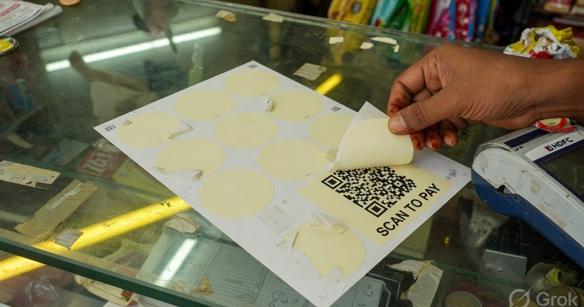 Shopkeeper peeling a matte SCAN TO PAY QR sticker from an A4 sheet