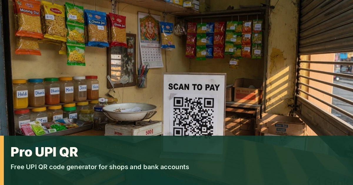Pro UPI QR — free UPI QR code generator Kirana billing counter with a SCAN TO PAY UPI QR standee
