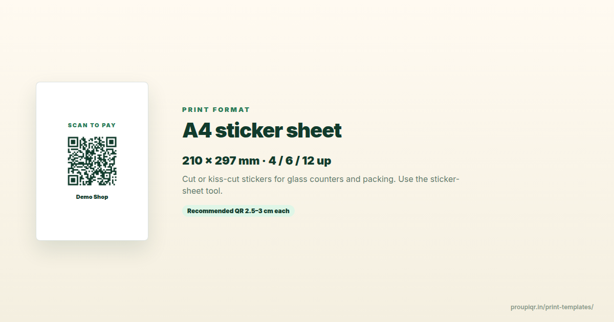 A4 UPI QR sticker sheet layout A4 sticker-sheet mockup for 4, 6, or 12 UPI QR stickers