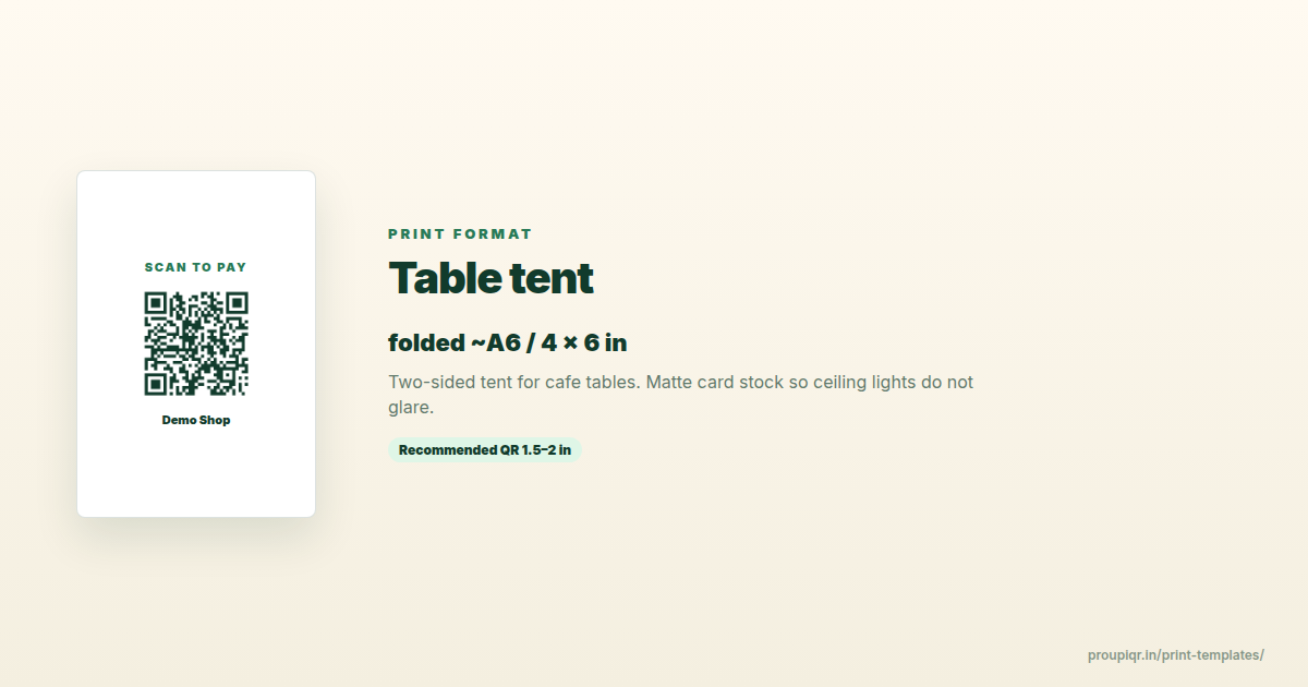 UPI QR table tent Folded table-tent mockup for cafe UPI payments with a 1.5–2 inch QR