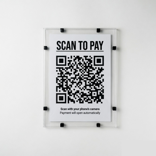 A4 acrylic clip frame on a wall holding a Scan to Pay UPI QR poster