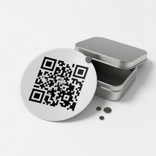 Round magnetic QR sticker next to a small metal tin and disc magnets