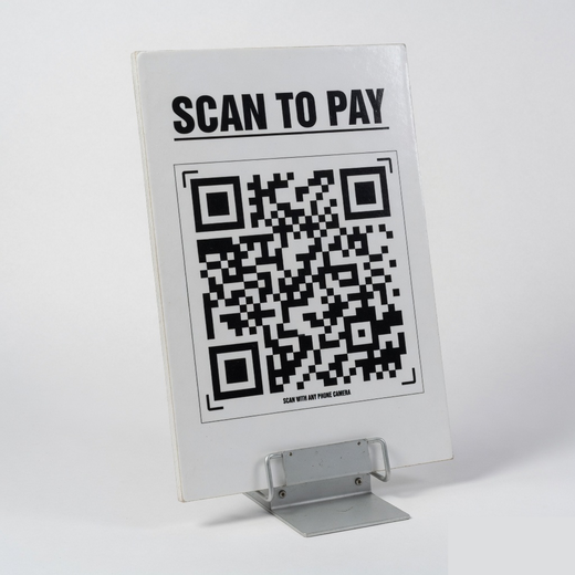 A3 foam-board Scan to Pay standee in a metal foot for outdoor UPI display