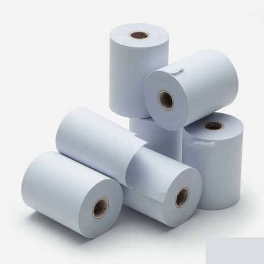 Stack of white 80 millimetre thermal paper rolls on a white background